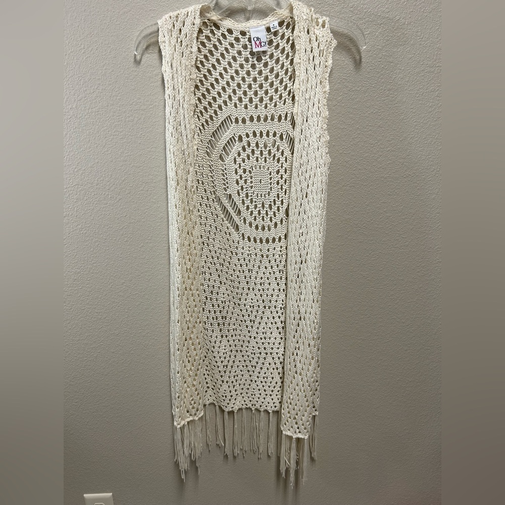 Creamy colored crochet duster with long fringe